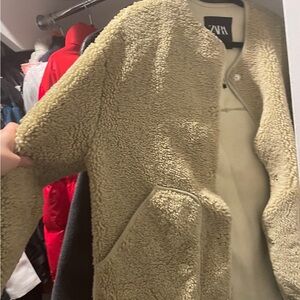 Zara green 100% shearling fleece jacket